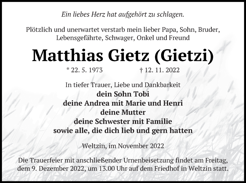  Traueranzeige für Matthias Gietz vom 25.11.2022 aus Neubrandenburger Zeitung