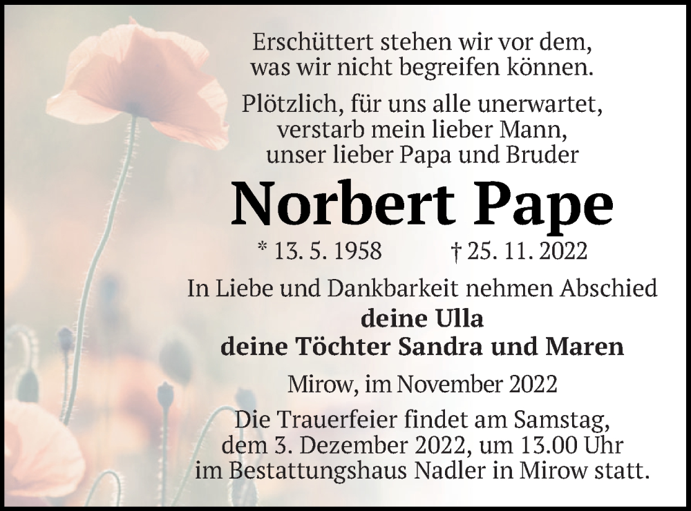  Traueranzeige für Norbert Pape vom 30.11.2022 aus Strelitzer Zeitung