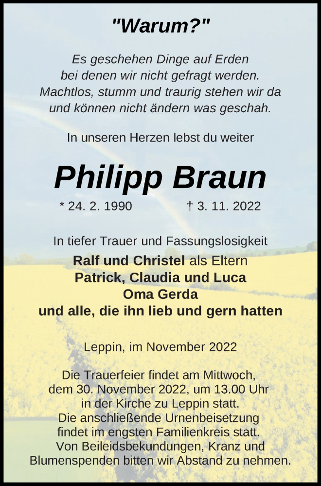  Traueranzeige für Philipp Braun vom 16.11.2022 aus Strelitzer Zeitung