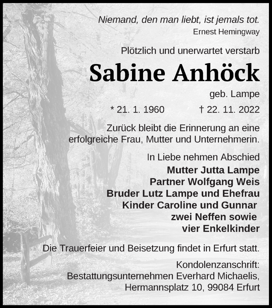  Traueranzeige für Sabine Anhöck vom 29.11.2022 aus Mecklenburger Schweiz