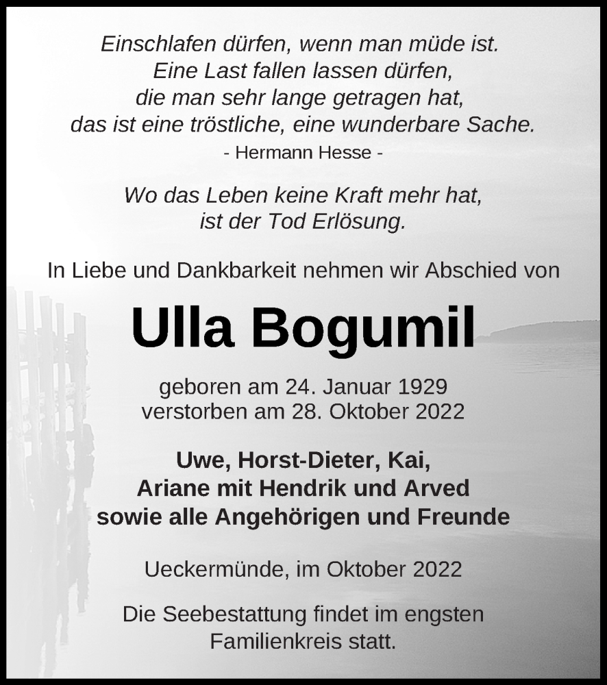  Traueranzeige für Ulla Bogumil vom 05.11.2022 aus Haff-Zeitung