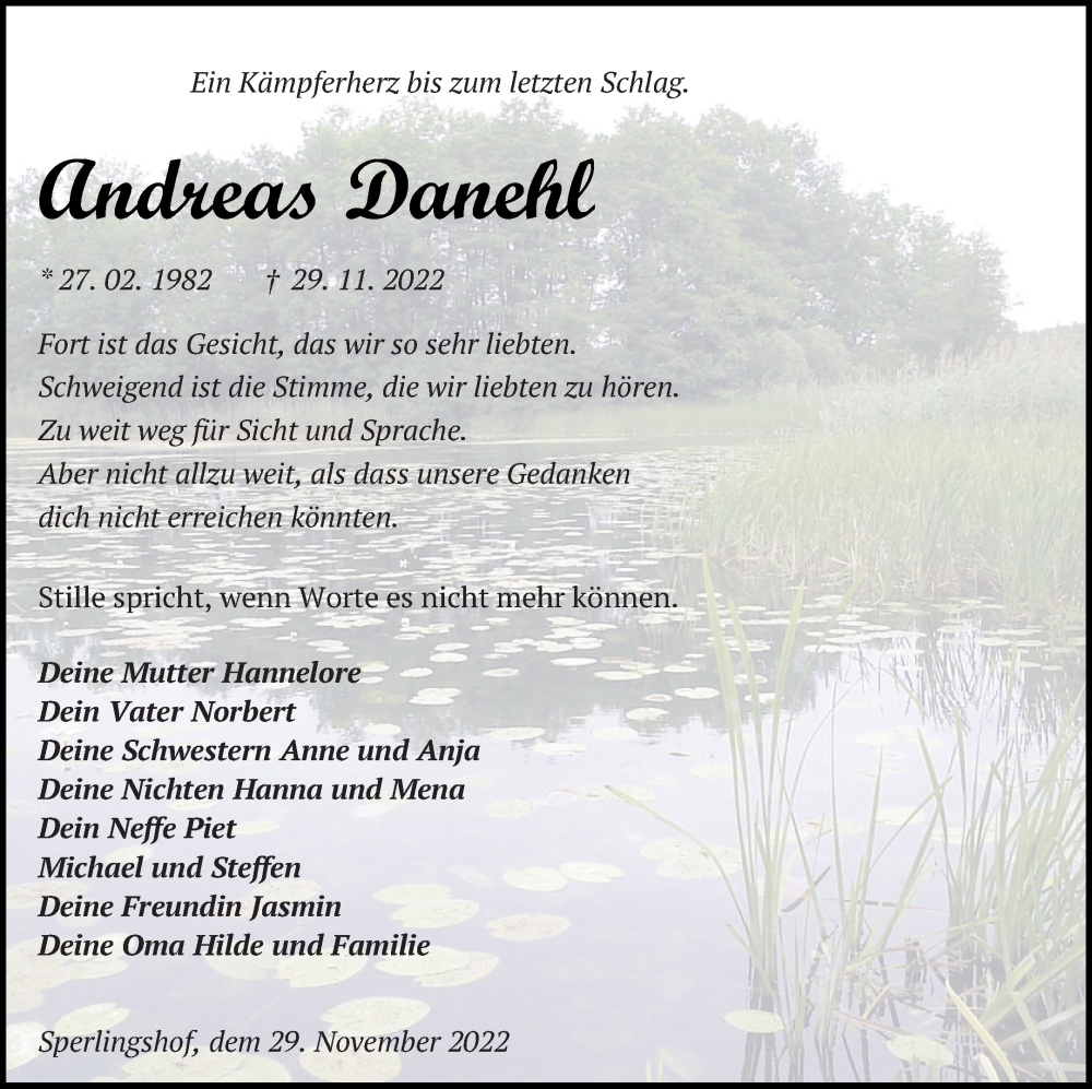  Traueranzeige für Andreas Danehl vom 03.12.2022 aus Mecklenburger Schweiz