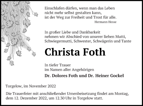 Traueranzeigen Von Christa Foth Trauer Nordkurier