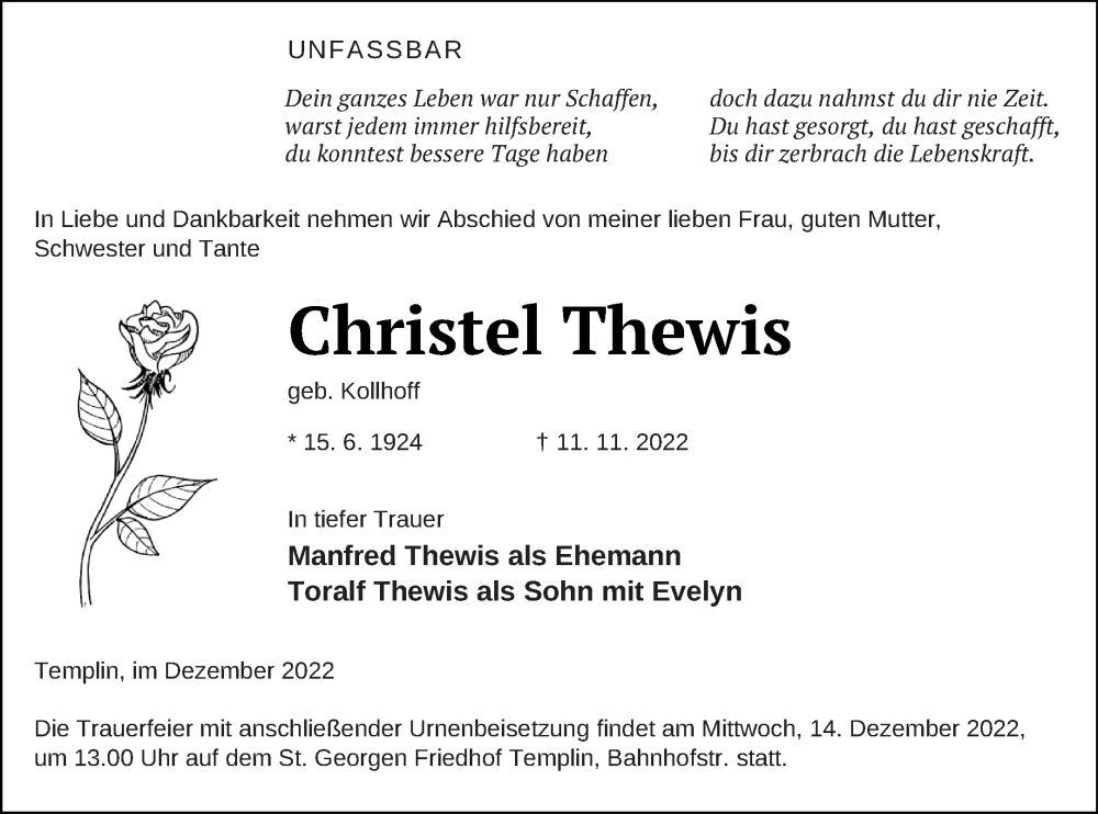  Traueranzeige für Christel Thewis vom 08.12.2022 aus Templiner Zeitung