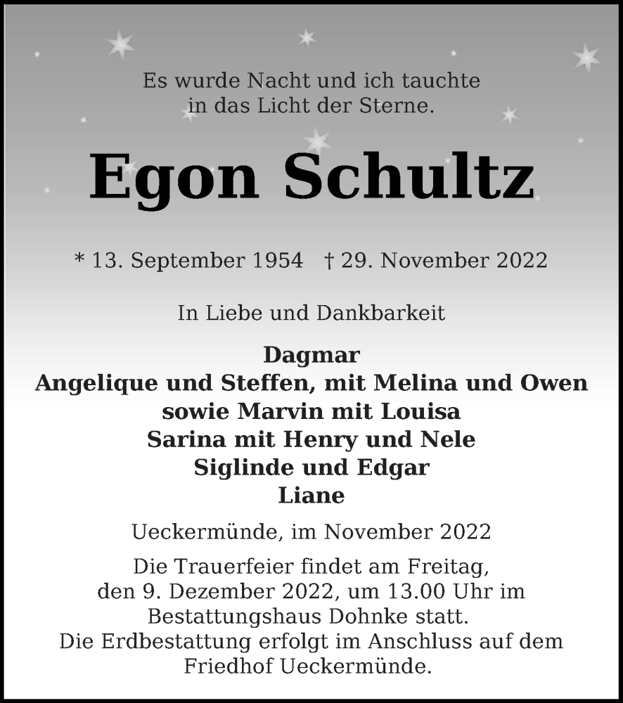  Traueranzeige für Egon Schultz vom 02.12.2022 aus Haff-Zeitung