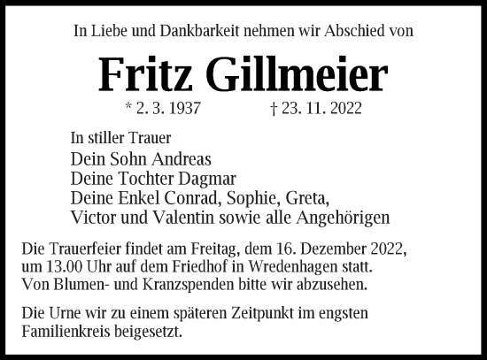 Traueranzeige von Fritz Gillmeier von Müritz-Zeitung