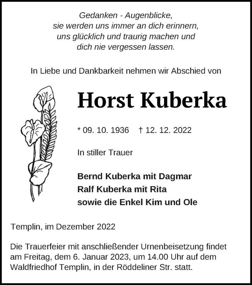  Traueranzeige für Horst Kuberka vom 16.12.2022 aus Templiner Zeitung