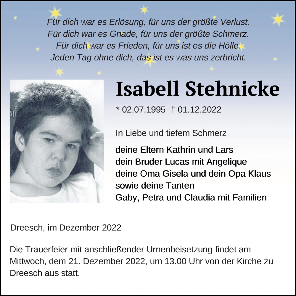  Traueranzeige für Isabell Stehnicke vom 10.12.2022 aus Prenzlauer Zeitung