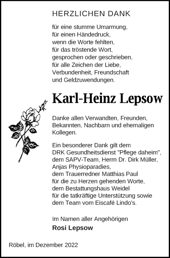 Traueranzeigen Von Karl Heinz Lepsow Trauer Nordkurier