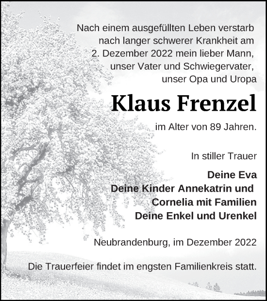 Traueranzeigen Von Klaus Frenzel Trauer Nordkurier