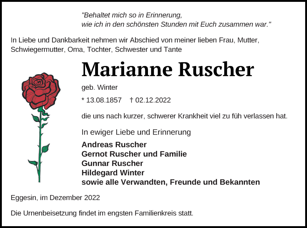  Traueranzeige für Marianne Ruscher vom 10.12.2022 aus Haff-Zeitung
