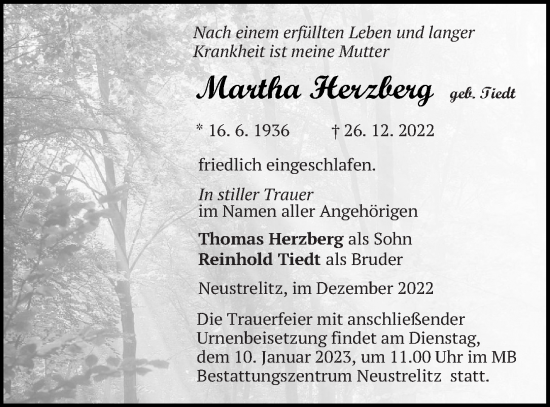 Traueranzeigen Von Martha Herzberg Trauer Nordkurier