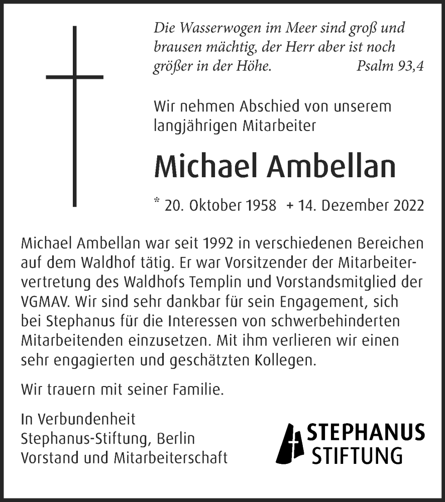  Traueranzeige für Michael Ambellan vom 22.12.2022 aus Uckermark Kombination