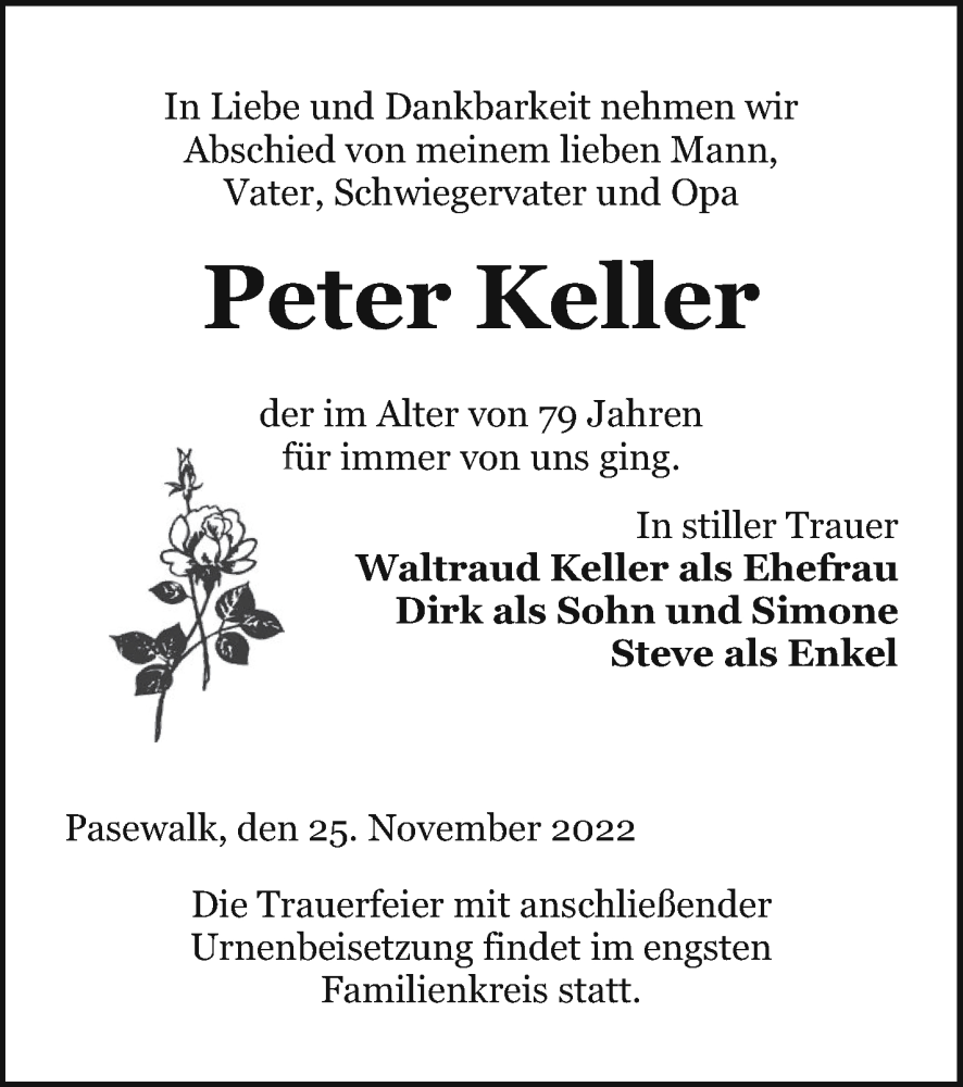 Traueranzeigen Von Peter Keller Trauer Nordkurier