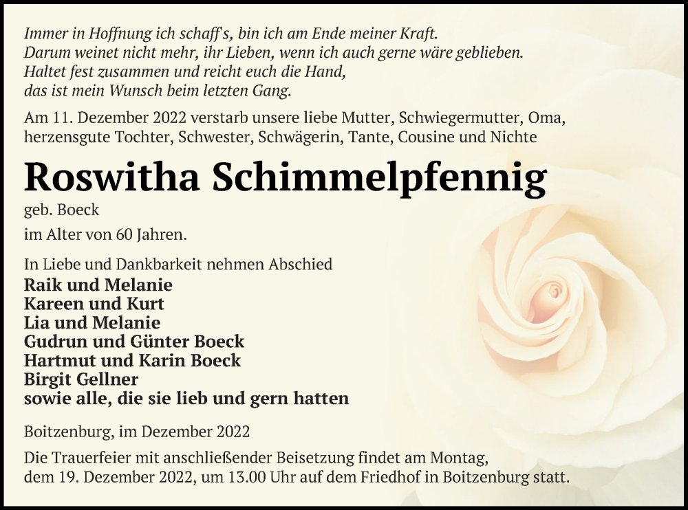  Traueranzeige für Roswitha Schimmelpfennig vom 14.12.2022 aus Prenzlauer Zeitung