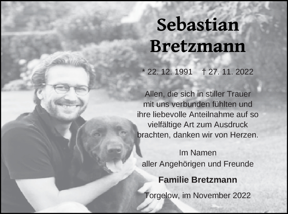  Traueranzeige für Sebastian Bretzmann vom 14.12.2022 aus Haff-Zeitung