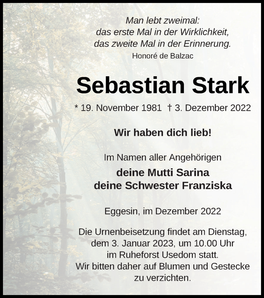  Traueranzeige für Sebastian Stark vom 23.12.2022 aus Haff-Zeitung