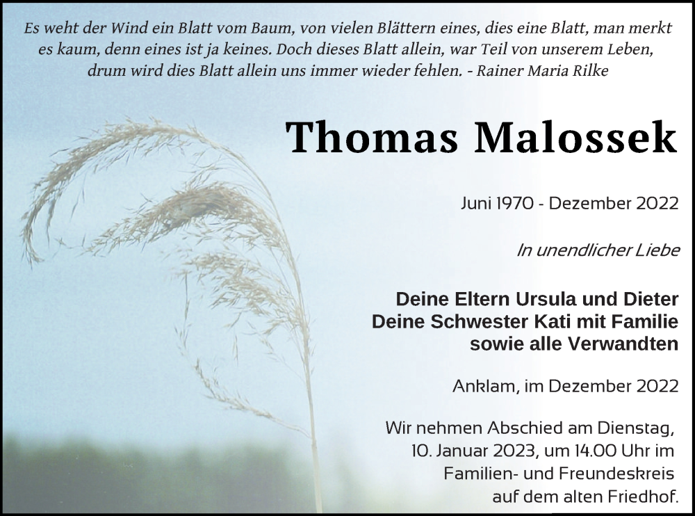  Traueranzeige für Thomas Malossek vom 24.12.2022 aus Vorpommern Kurier