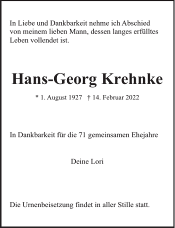 Traueranzeigen Von Hans Georg Krehnke Trauer Nordkurier