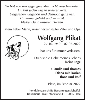 Traueranzeigen Von Wolfgang Plikat Trauer Nordkurier