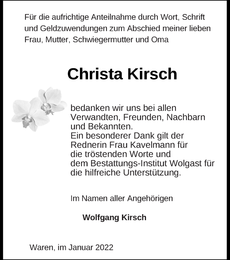  Traueranzeige für Christa Kirsch vom 12.02.2022 aus Müritz-Zeitung