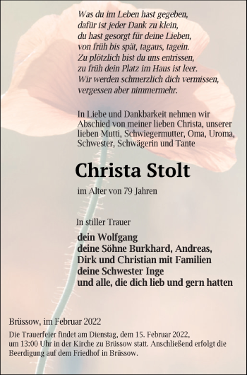 Traueranzeigen Von Christa Stolt Trauer Nordkurier