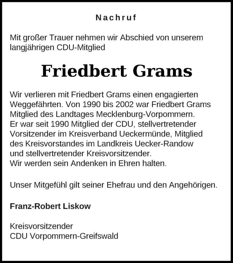  Traueranzeige für Friedbert Grams vom 16.02.2022 aus Haff-Zeitung