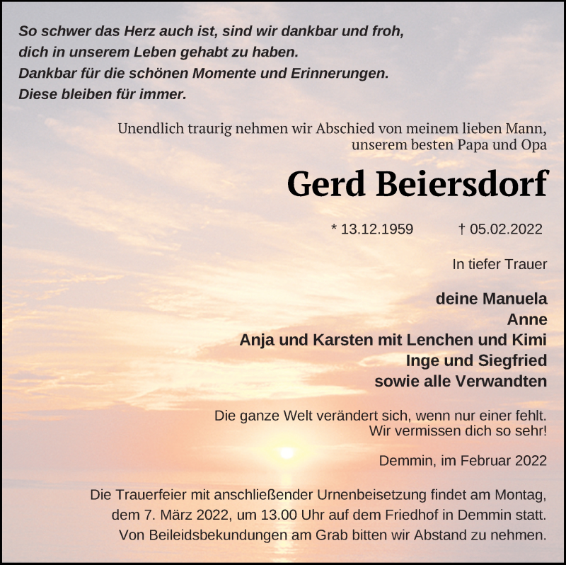  Traueranzeige für Gerd Beiersdorf vom 11.02.2022 aus Demminer Zeitung