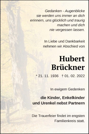 Traueranzeige von Hubert Brückner von Müritz-Zeitung