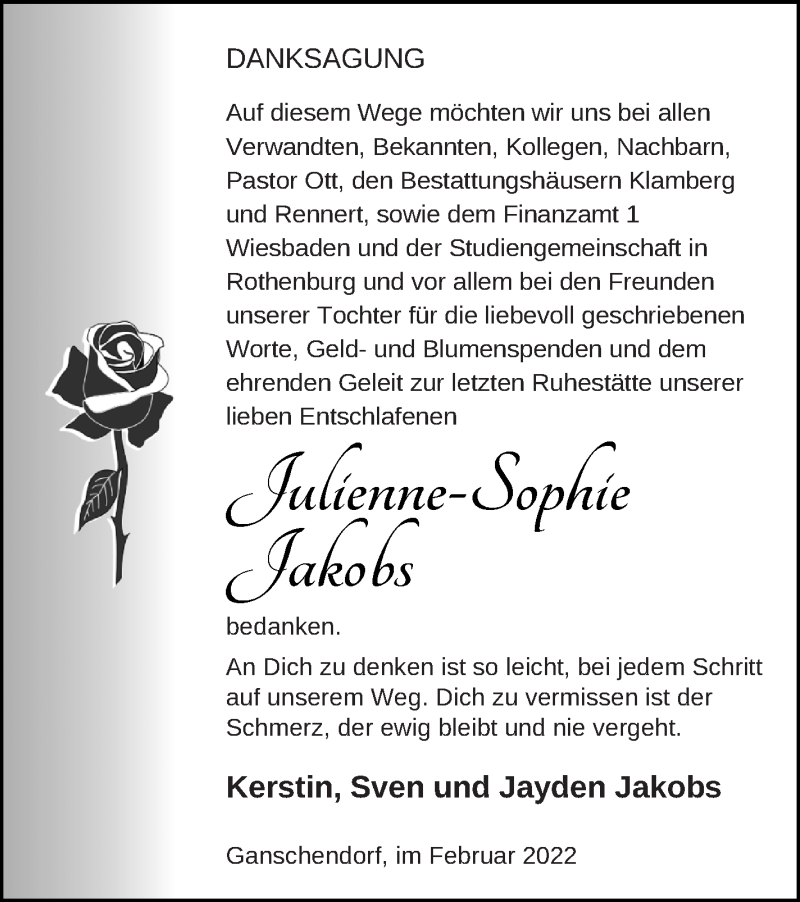  Traueranzeige für Julienne-Sophie Jakobs vom 17.02.2022 aus Demminer Zeitung