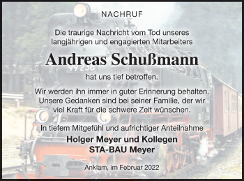 Traueranzeigen Von Andreas Schu Mann Trauer Nordkurier