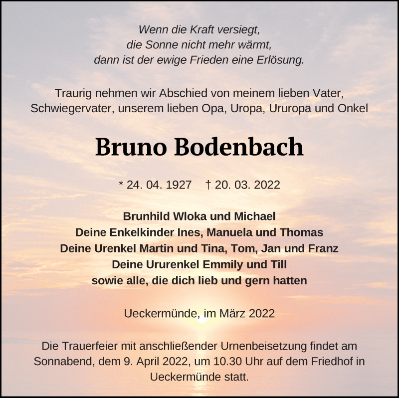  Traueranzeige für Bruno Bodenbach vom 26.03.2022 aus Haff-Zeitung
