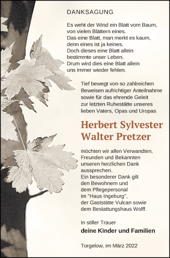 Traueranzeigen Von Herbert Sylvester Walter Pretzer Trauer Nordkurier