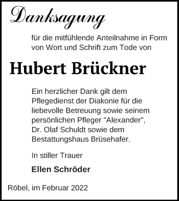 Traueranzeige von Hubert Brückner von Müritz-Zeitung