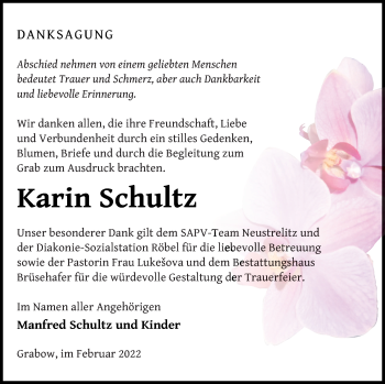 Traueranzeige von Karin Schultz von Müritz-Zeitung