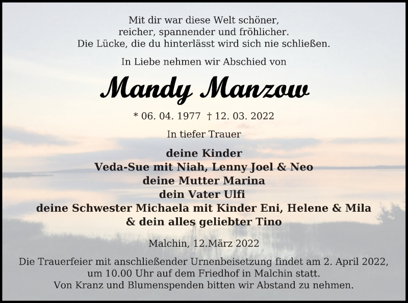  Traueranzeige für Mandy Manzow vom 18.03.2022 aus Mecklenburger Schweiz