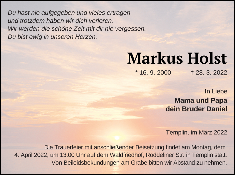  Traueranzeige für Markus Holst vom 31.03.2022 aus Templiner Zeitung
