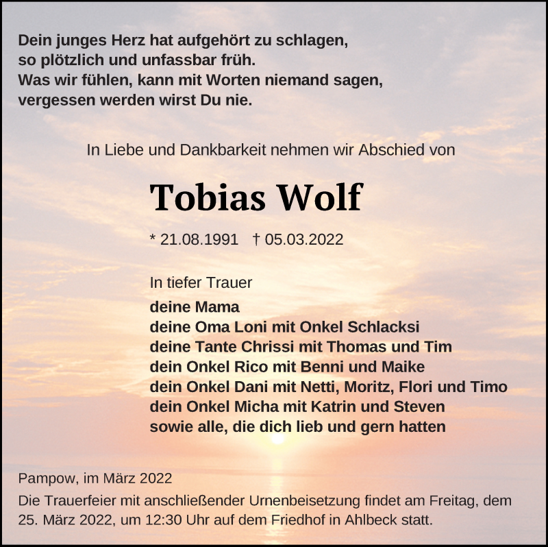  Traueranzeige für Tobias Wolf vom 18.03.2022 aus Pasewalker Zeitung