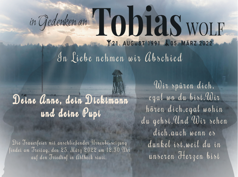  Traueranzeige für Tobias Wolf vom 18.03.2022 aus Haff-Zeitung