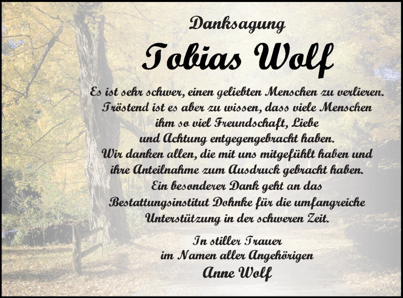  Traueranzeige für Tobias Wolf vom 31.03.2022 aus Haff-Zeitung