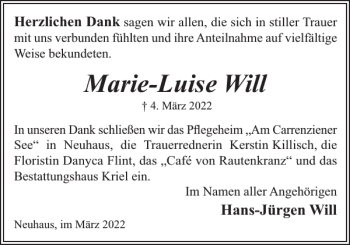 Traueranzeigen Von Marie Luise Trauer Nordkurier