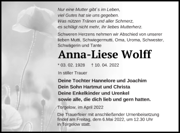 Traueranzeigen Von Anna Liese Wolff Trauer Nordkurier