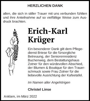 Traueranzeige von Erich-Karl Krüger von Vorpommern Kurier