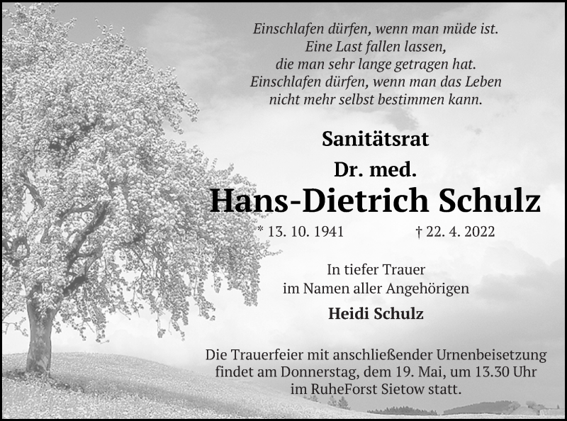  Traueranzeige für Hans-Dietrich Schulz vom 30.04.2022 aus Müritz-Zeitung