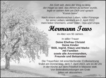 Traueranzeige von Hermann Tews von Müritz-Zeitung