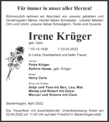 Traueranzeigen von Irene Krüger Trauer Nordkurier