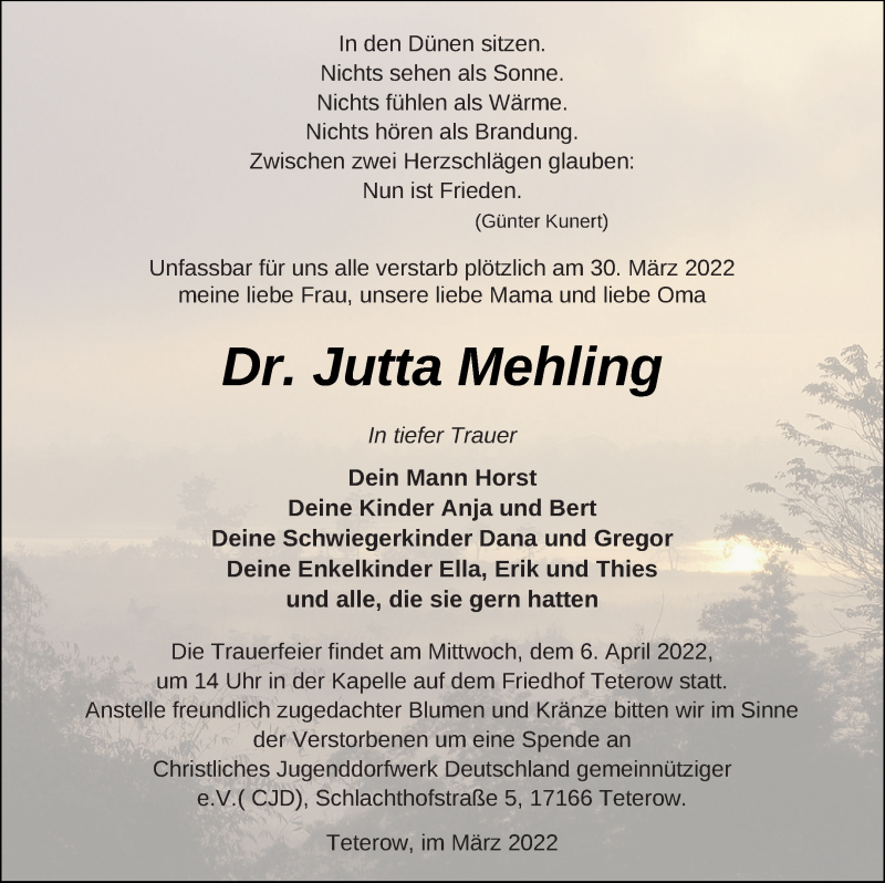  Traueranzeige für Jutta Mehling vom 02.04.2022 aus Mecklenburger Schweiz