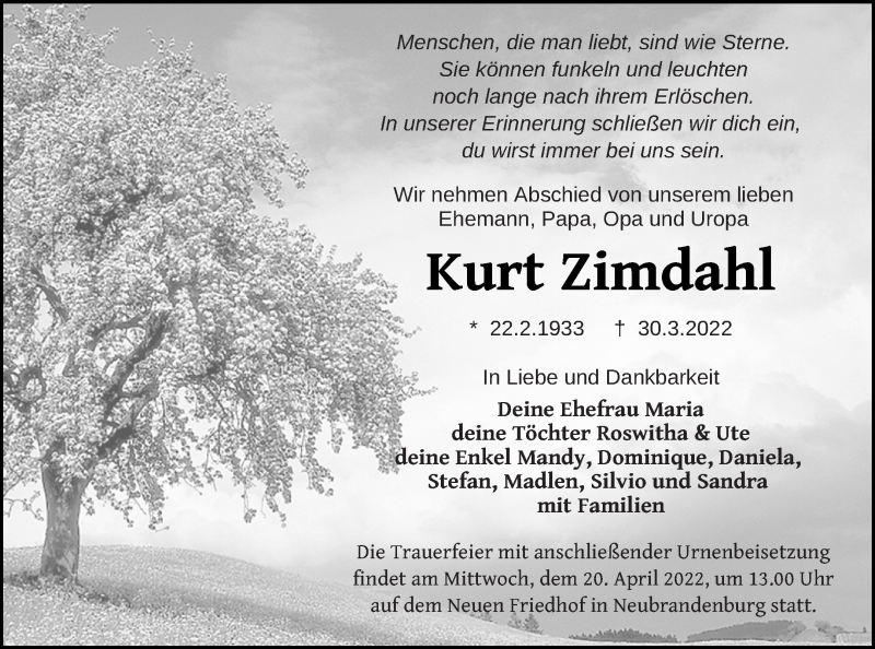  Traueranzeige für Kurt Zimdahl vom 05.04.2022 aus Neubrandenburger Zeitung