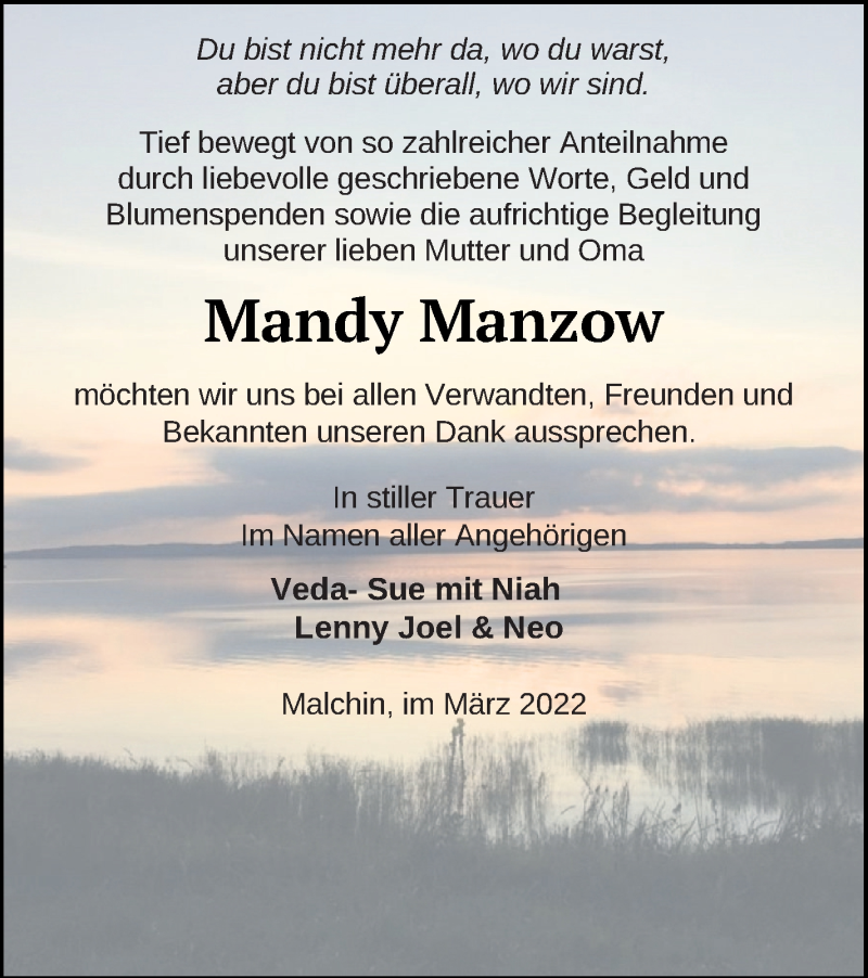  Traueranzeige für Mandy Manzow vom 12.04.2022 aus Mecklenburger Schweiz