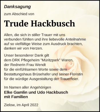 Traueranzeige von Trude Hackbusch von Müritz-Zeitung